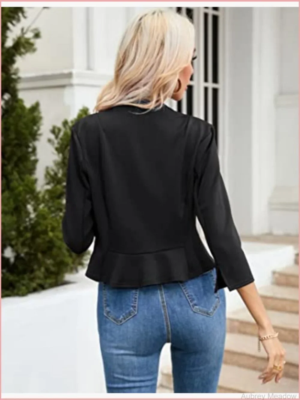 Cropped Blazer 3/4 Sleeve Collarless Open Front Cardigan Work Jacket Shrug
